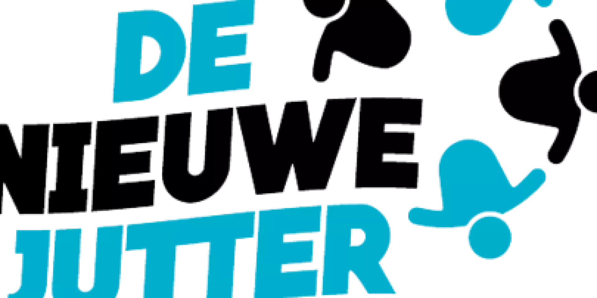 Logo van "De Nieuwe Jutter" met blauwe en zwarte tekst en abstracte figuren.